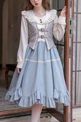 Blue Vintage Elegant V Collar Long Sleeves Petal Hem Fake Three Pieces Sweet Lolita OP Dress Full Set